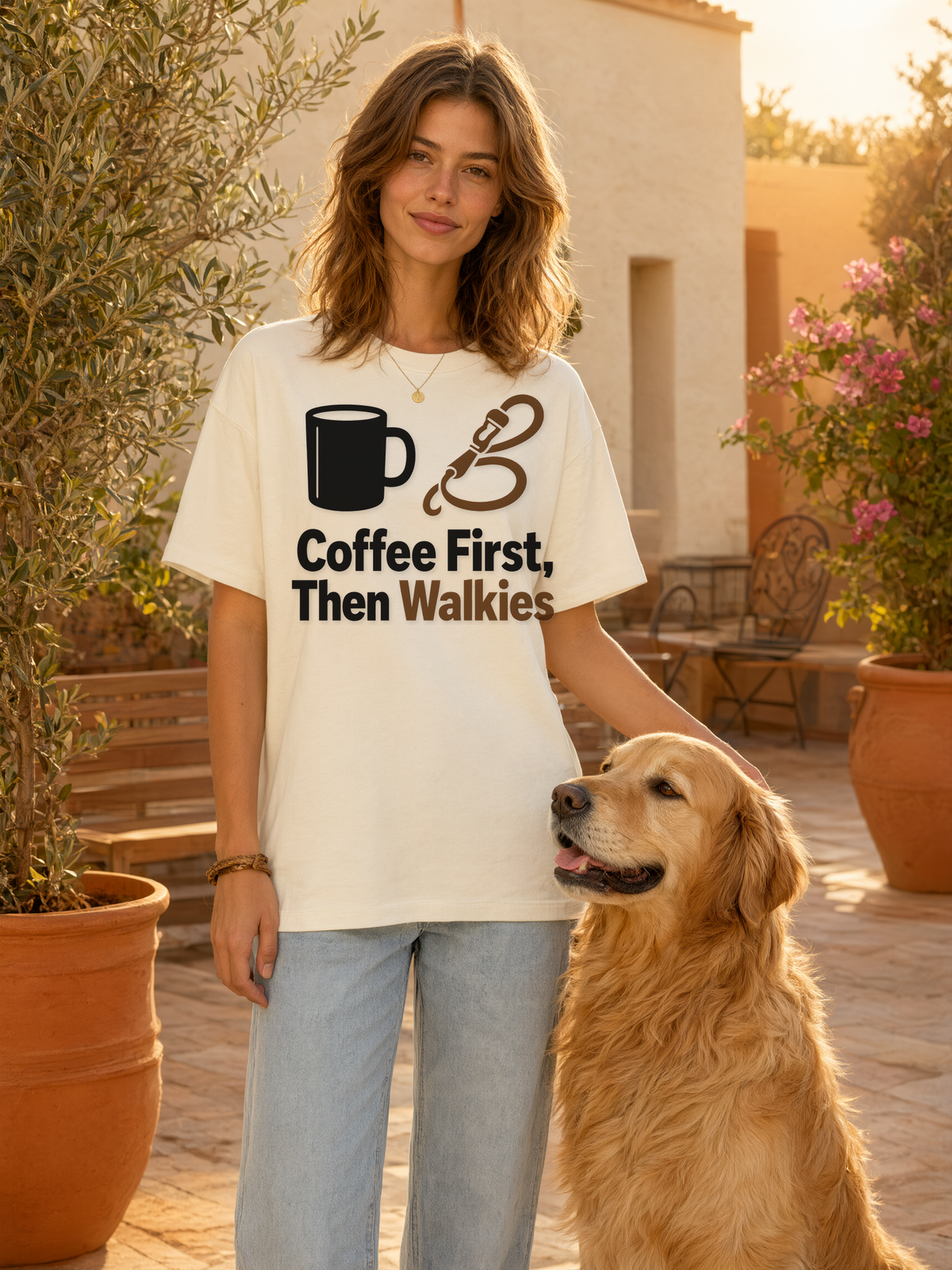 coffee-first-then-walkies-tee mockup lifestyle